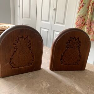 Vintage Carved Wood Pineapple Bookends Mid Century Modern Tropical Decor Taiwan